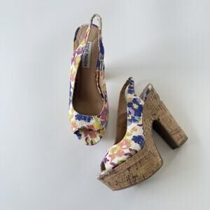 Steve Madden Heel Shoes Womens Size 7.5 Floral Slingback Cork Platform P-GENNY